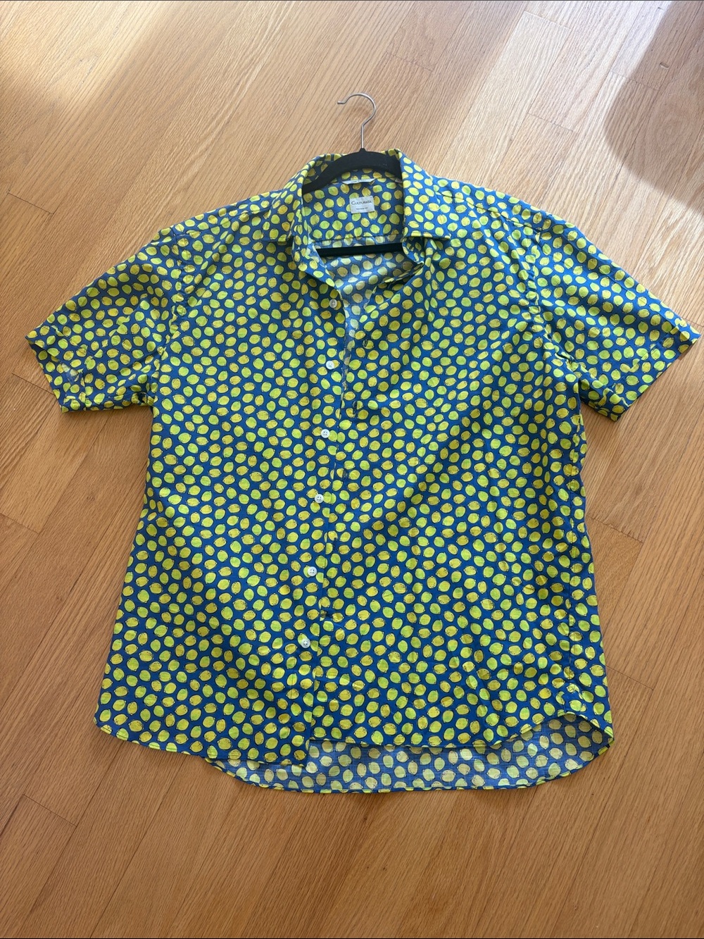 Culturata Short-Sleeve Button-Down Shirt in Blue with Yellow lemon Print